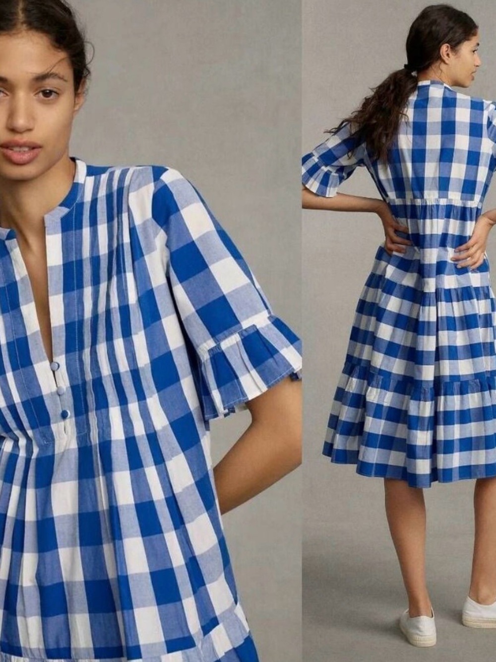 Anthropologie Whit Two Blue and White Gingham Tiered Dress